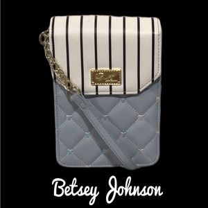 Betsey Johnson Mini Crossbody, Quilted with Embroidered Hearts, Striped Flap